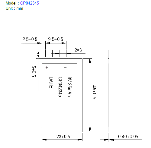 Non Rechargeable cell 3.0V 30mAh Prismatic Limno2 Battery CP042345 For Key